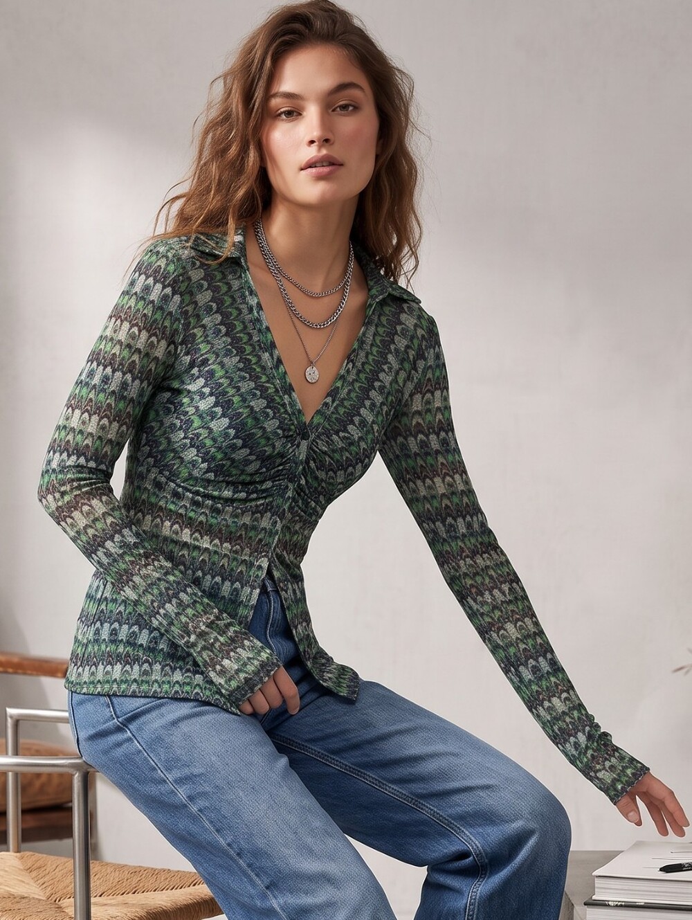 Free People Green Patterned Mesh Long Sleeve Top Shirt Small